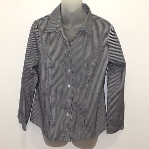 Christopher & Banks Petite Black White Stripe Top Shirt Blouse Button PM medium